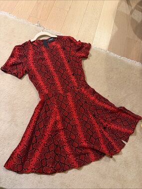 The Kooples Red Snake-Print Short Sleeve Fit & Flare Dress